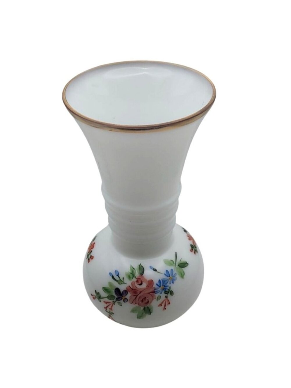Milk Glass Ball Vase Hand Painted Floral Ribbed Gold Trim Vintage Cottagecore - Picture 3 of 7